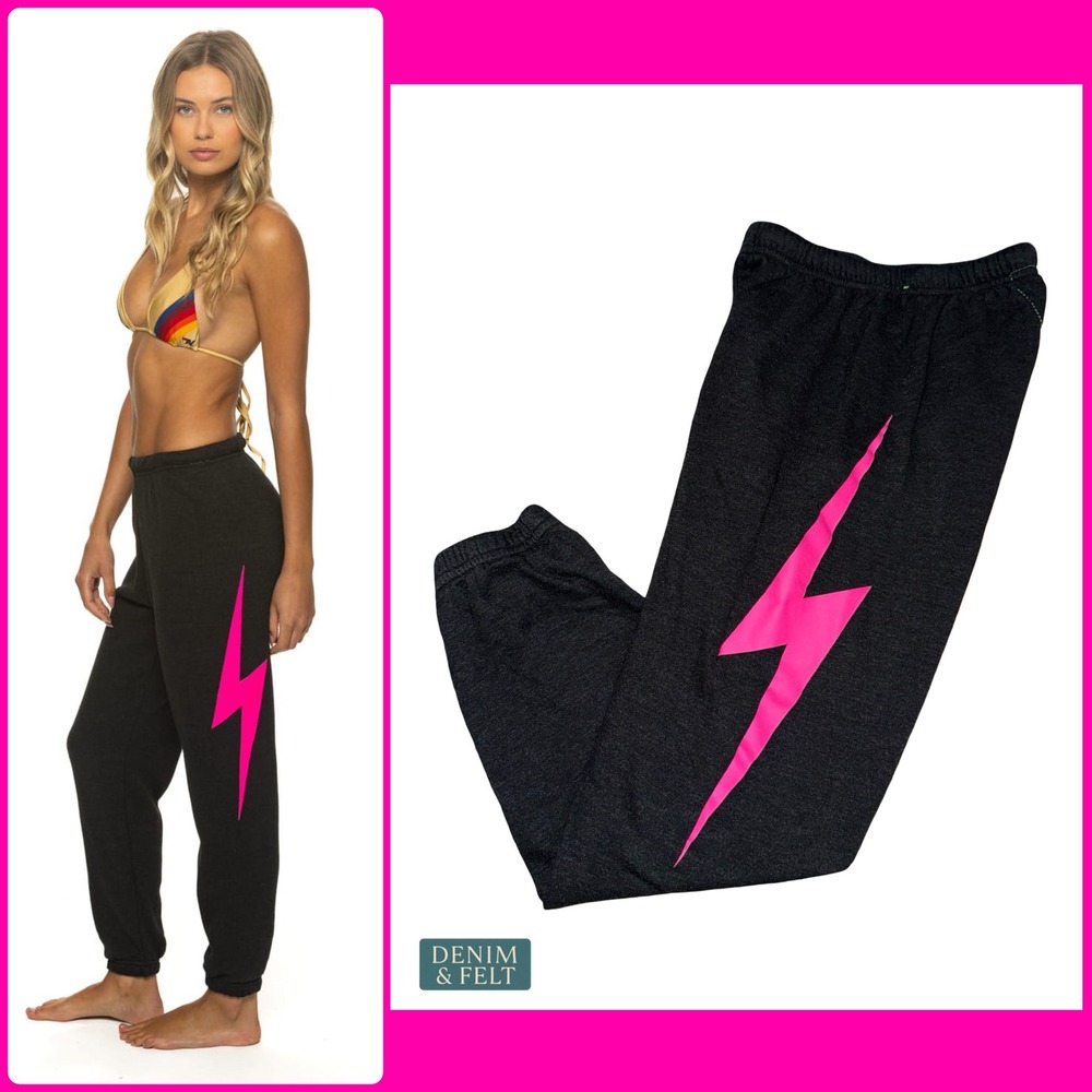 Aviator Nation Bolt Sweatpants Black‎ Neon Pink Lightning Joggers XS